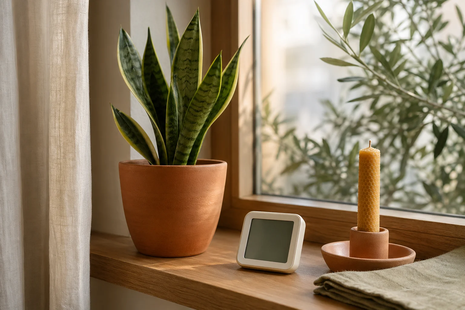 Detail zdravého domácího prostředí — sansevieria v terakotovém květináči, hygrometr, voskové svíčky, lněný ubrousek na dřevěné parapetu