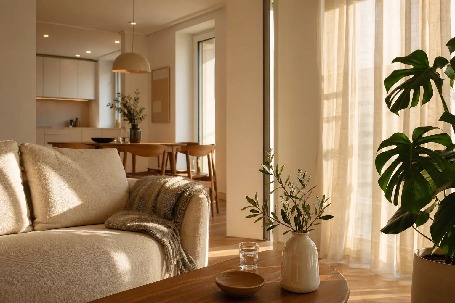 Klidný moderní obývací pokoj s béžovou pohovkou, vlněným plédem, dřevěným konferenčním stolkem a velkou pokojovou rostlinou ve světle pozdního odpoledne