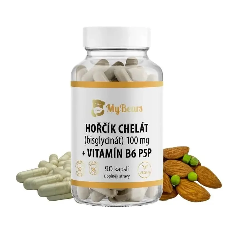 Hořčík chelát (bisglycinát) 100 mg + B6 P5P 1,4 mg ve vegan kapslích — MyBears