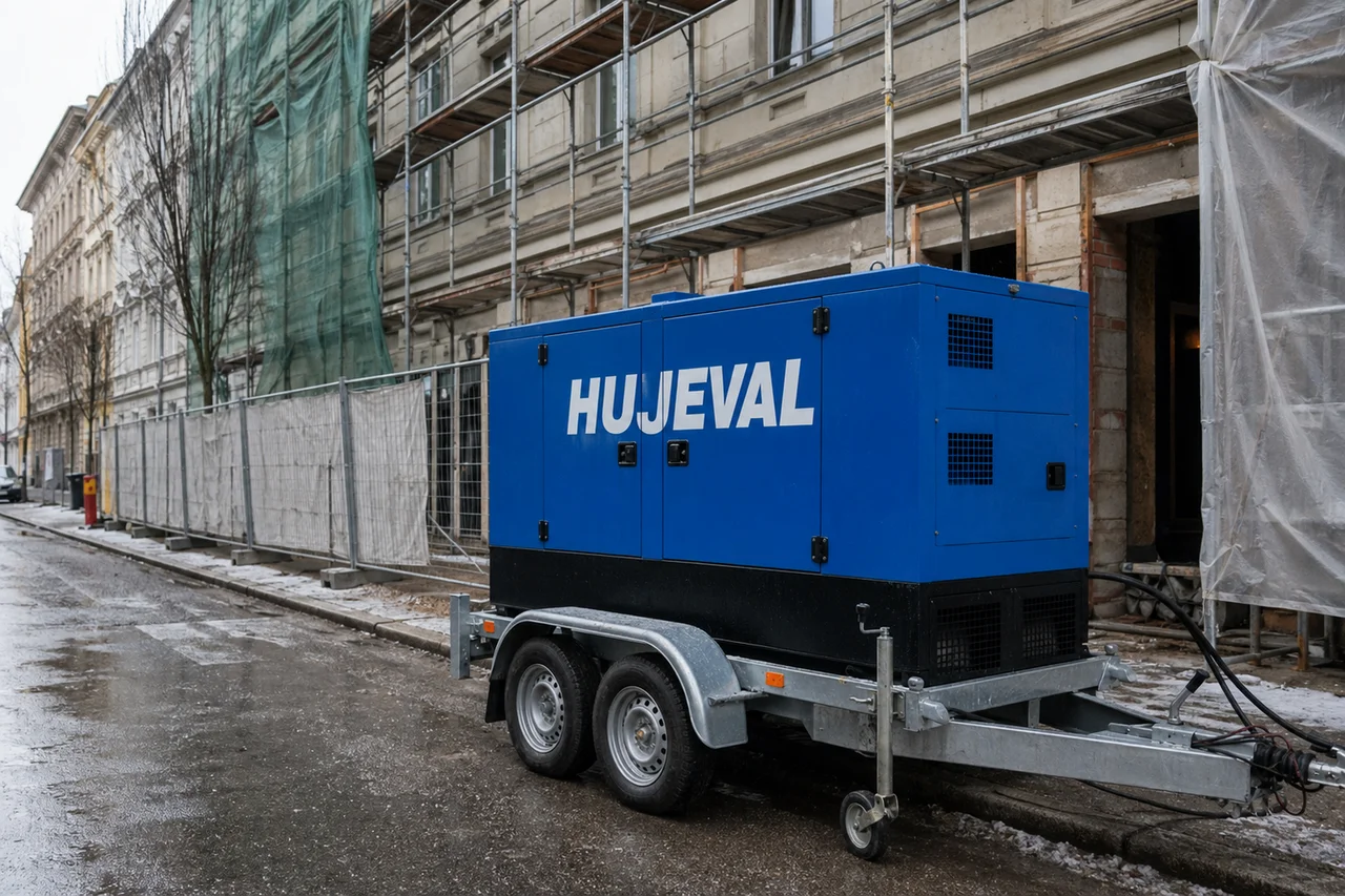 Rekonstrukce starého činžáku v Brně: přívěs s agregátem stál na ulici 6 týdnů — mobilní elektrocentrála Hujeval