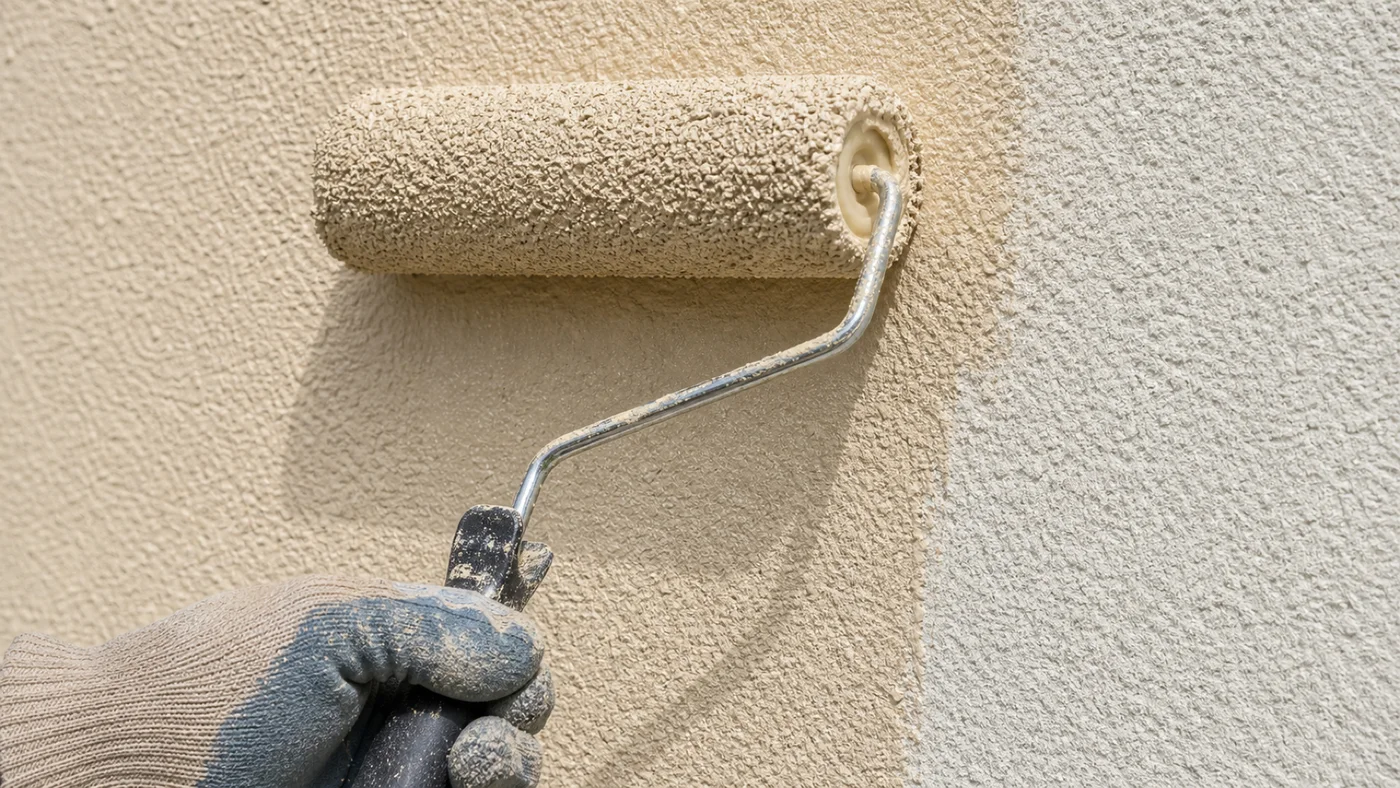 Detail malířského válečku nanášejícího fasádní barvu na minerální omítku, mokrý okraj čerstvého nátěru