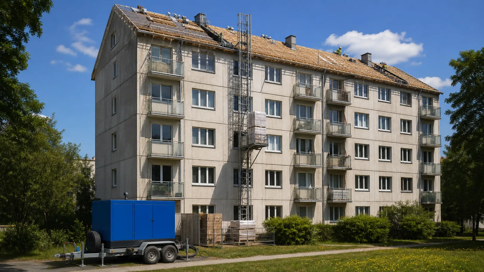 Rekonstrukce střechy paneláku v horku: proud pro výtah a nářadí – mobilní elektrocentrála Valeon
