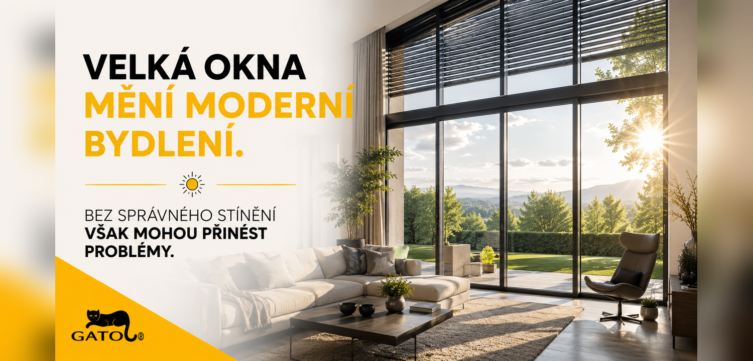 Velká okna s venkovními žaluziemi v moderním interiéru — GATO