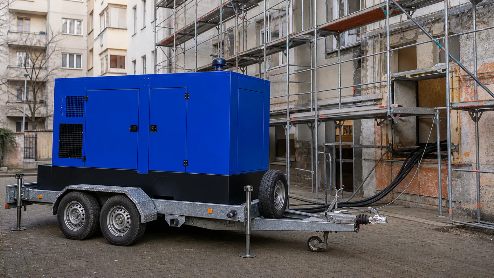 Vysoušení novostavby po havárii vody: týden na agregátu – mobilní elektrocentrála Valeon