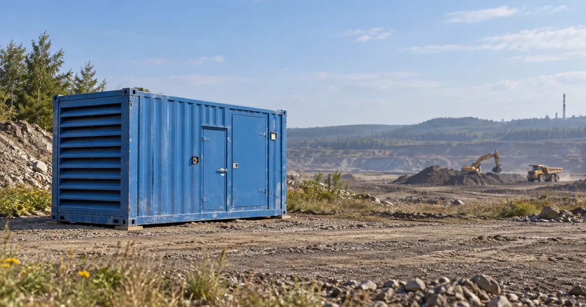 Modrý kontejner s elektrocentrálou na okraji rekultivované skládky, v pozadí těžká technika, letní odpoledne.
