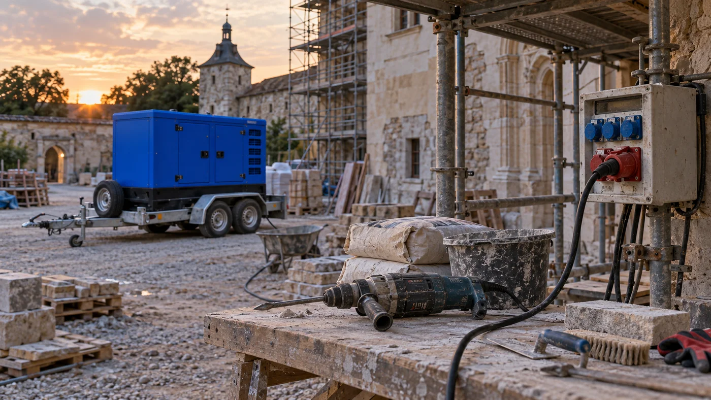 Detail vrtacího kladiva a sáčků sanační omítky na pracovním stole restaurátorské dílny ve stínu lešení