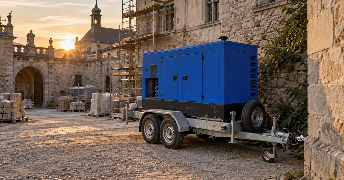 Modrá odhlučněná elektrocentrála na přívěsu za rohem zámeckého nádvoří, lešení na fasádě, letní podvečer
