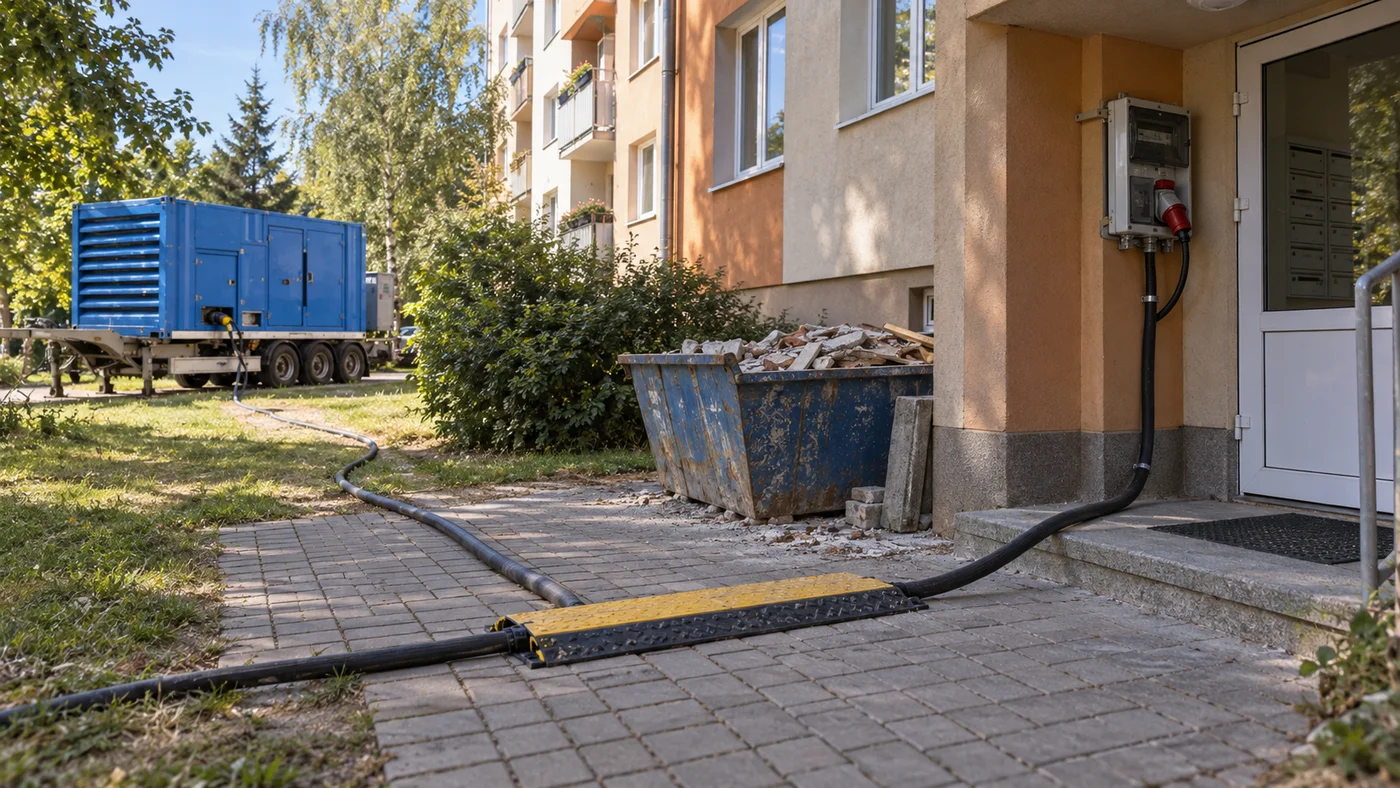 Silový kabel od elektrocentrály přes kabelový přejezd ke vchodu bytového domu, detail.