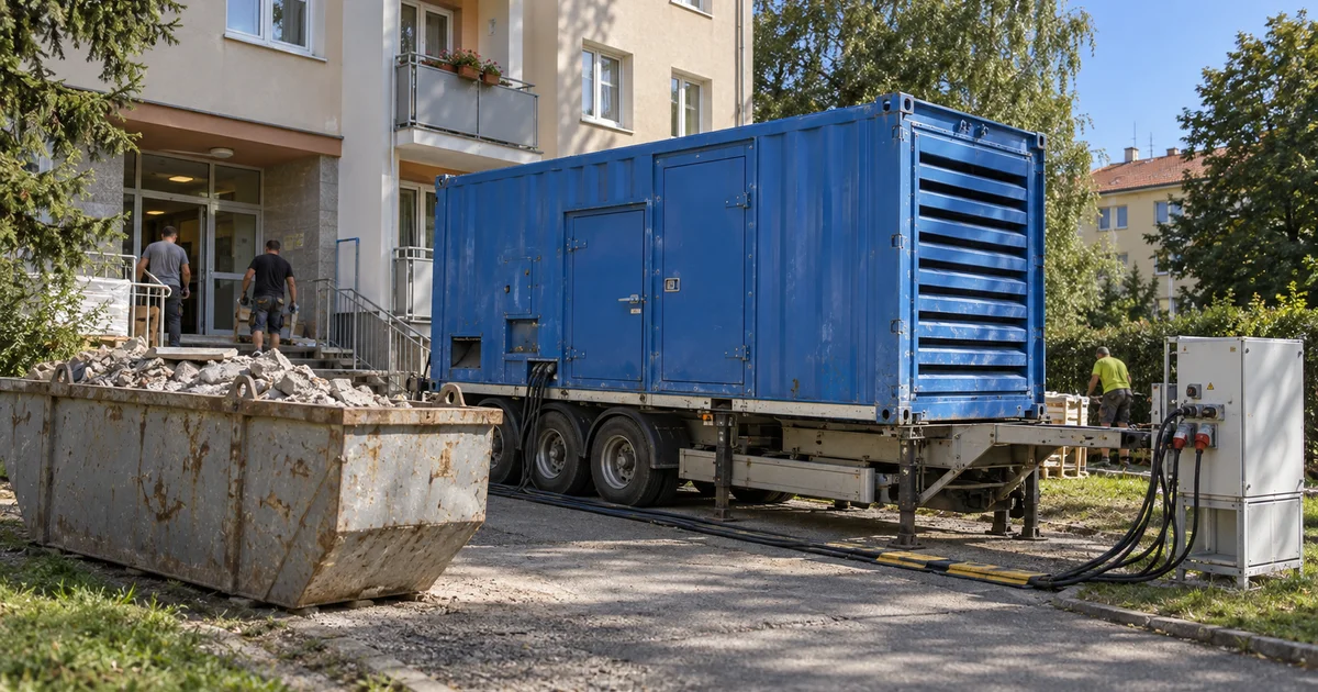 Modrá elektrocentrála na přívěsu u vchodu bytového domu, vedle kontejner na stavební suť, letní den.