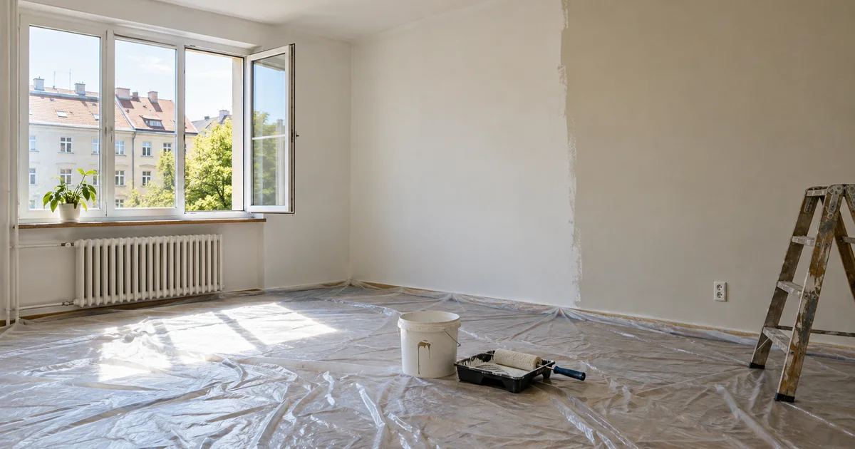 Prázdný světlý pokoj s částečně vymalovanou stěnou, vědrem a válečkem v misce na barvu, zakrytou fólií na podlaze a otevřeným oknem