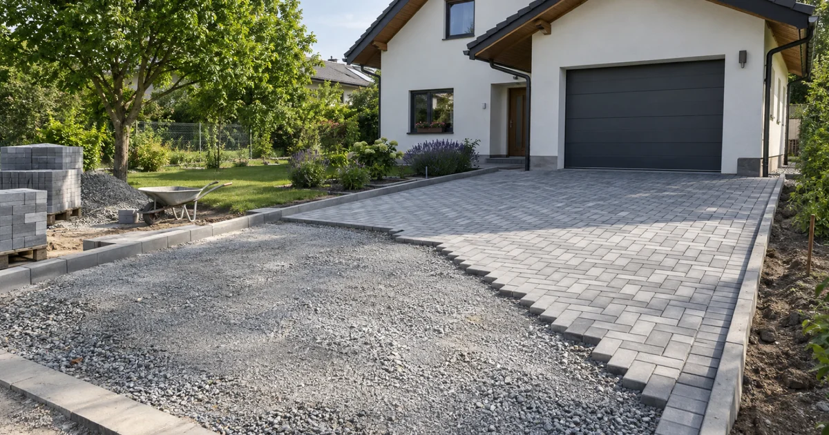 Rozestavěný příjezd k domu s hotovým podkladem ze štěrkodrti, položenými obrubníky a částí šedé zámkové dlažby