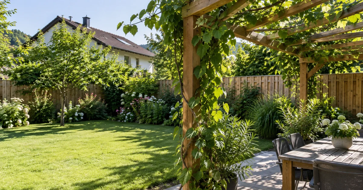 Dřevěný plot a pergola v zahradě rodinného domu za teplého letního světla