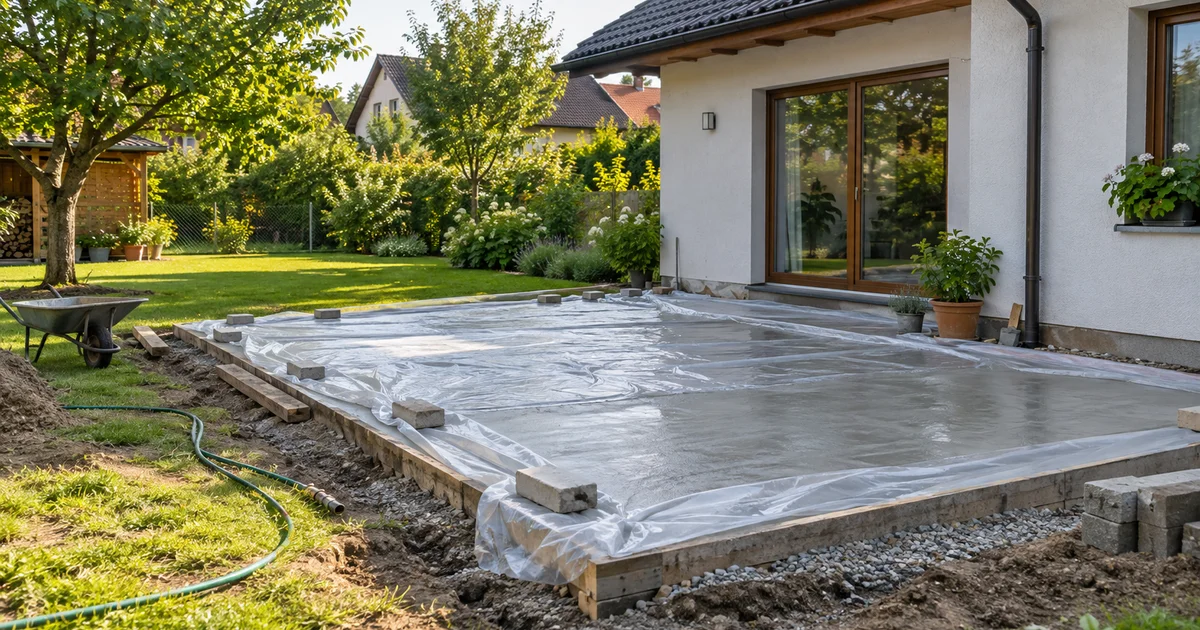 Čerstvě vylitá betonová deska u rodinného domu přikrytá fólií za slunečného letního dne