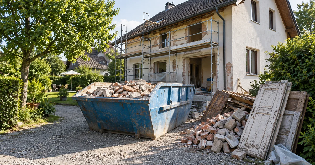 Přistavený kontejner na stavební odpad před rodinným domem, vedle něj hromada vybouraných materiálů