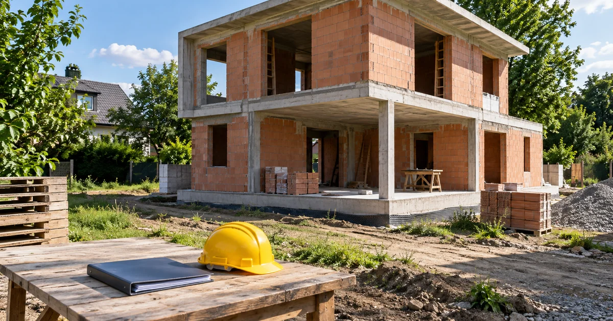 Rozestavěný rodinný dům s hrubou stavbou a zdivem na slunném staveništi, v popředí stůl s odloženými deskami a helmou