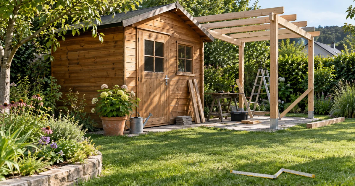 Dřevěný zahradní domek na trávníku a vedle něj rozestavěná dřevěná pergola