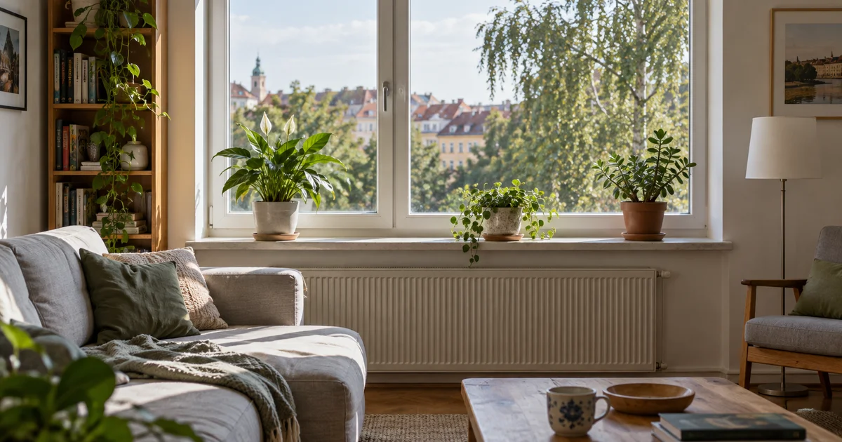 Světlý vnitřní parapet pod oknem s několika květináči na podmisce v obývacím pokoji