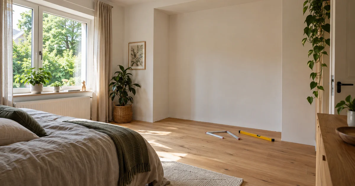 Prázdná nika ve stěně ložnice před osazením vestavěné skříně, na podlaze skládací metr a vodováha
