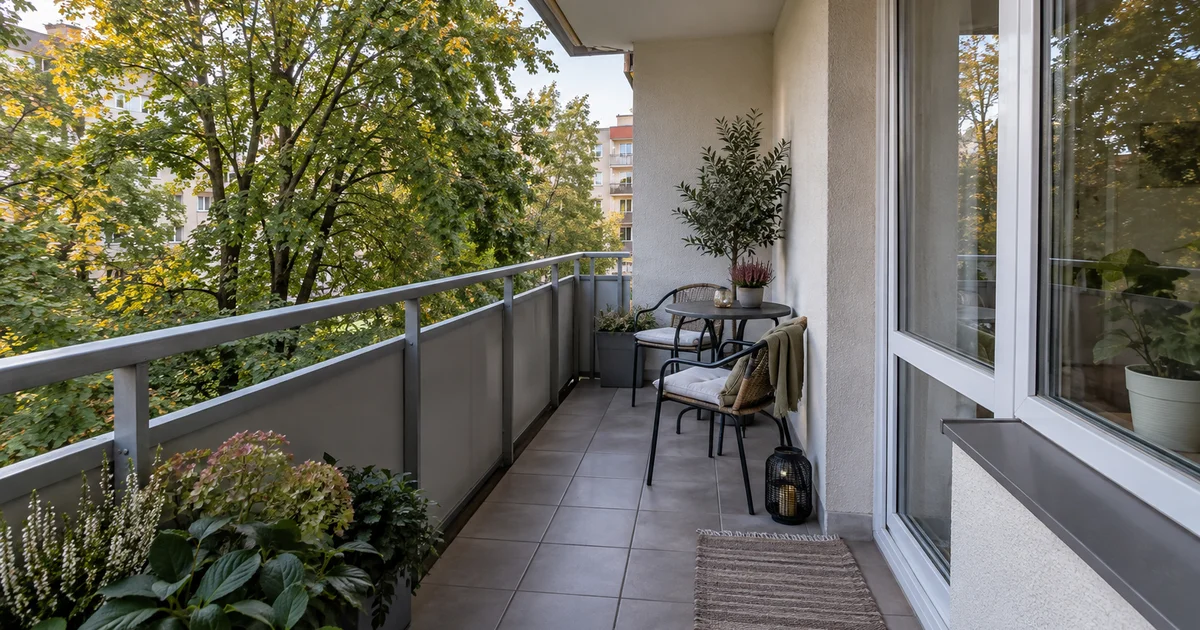 Balkon panelového domu s dlažbou a zábradlím v časném podzimním světle