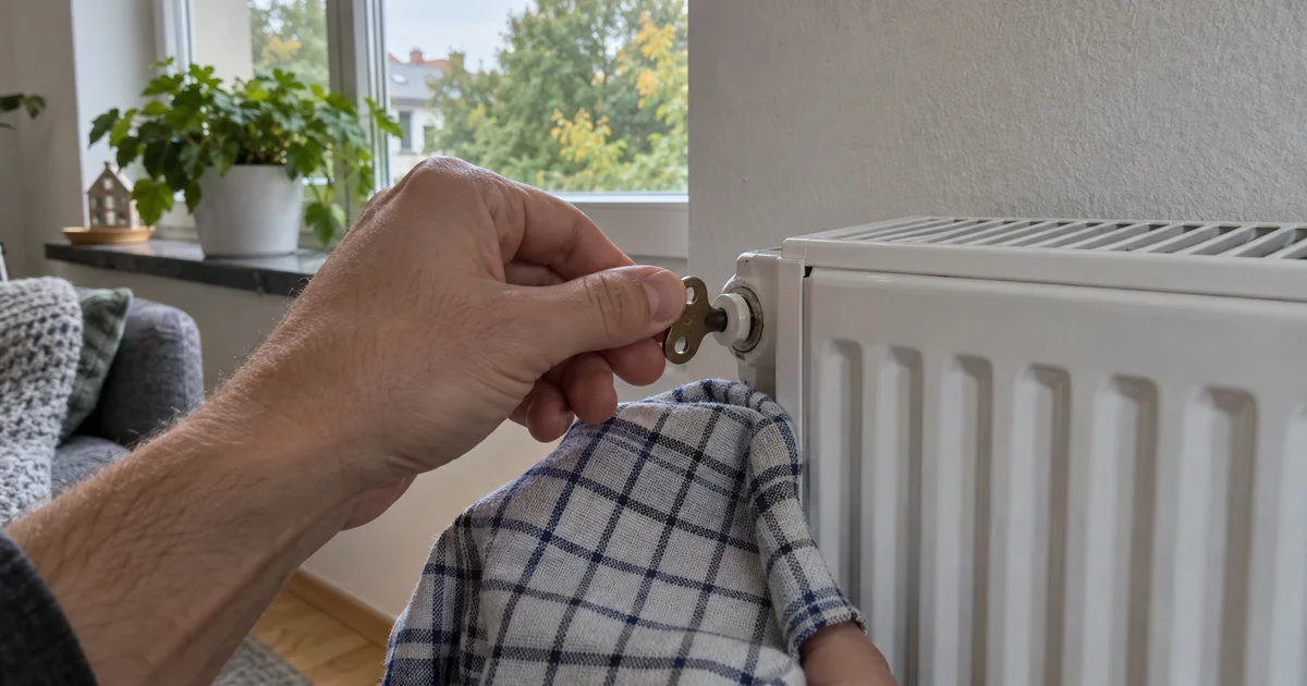 Ruka odvzdušňovacím klíčem otevírá ventil bílého radiátoru, pod ním kostkovaná utěrka