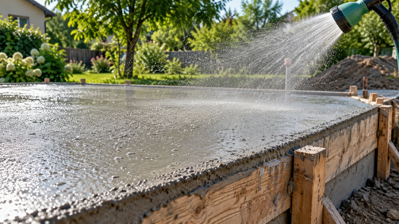 Detail povrchu betonu, který se jemně zvlhčuje zahradní sprchou