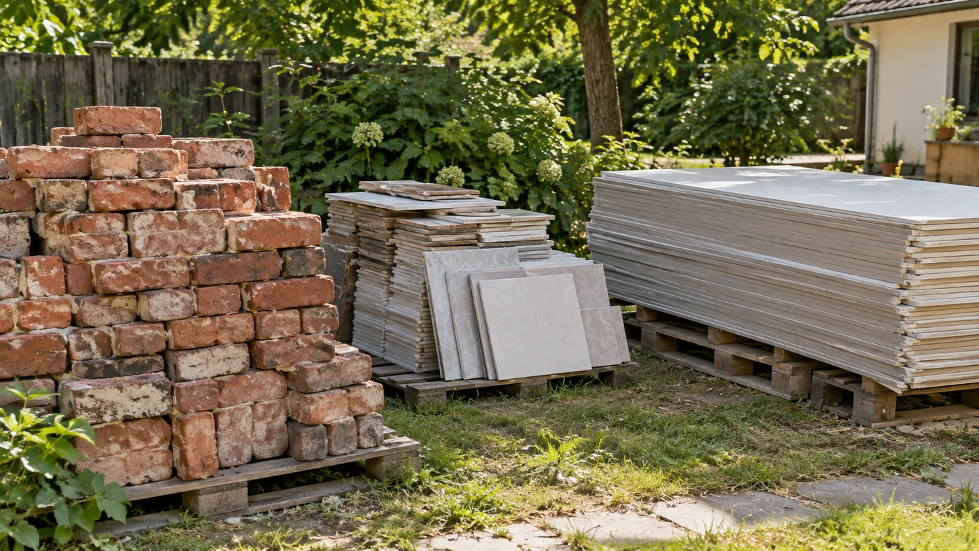 Vytříděné cihly, keramické obklady a sádrokartonové desky uložené odděleně na dvorku