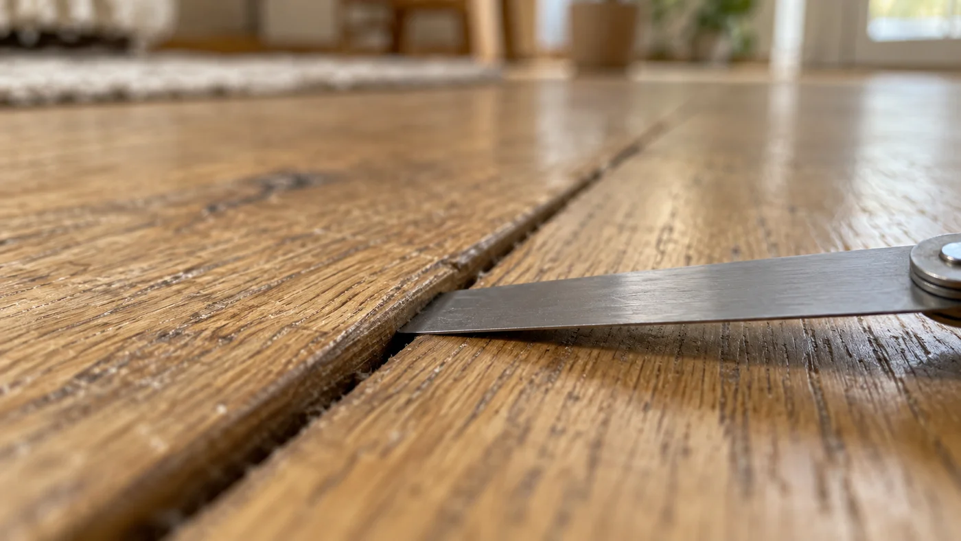 Detail spáry mezi dvěma dubovými prkny, do spáry je zasunutý tenký plechový měrný klínek