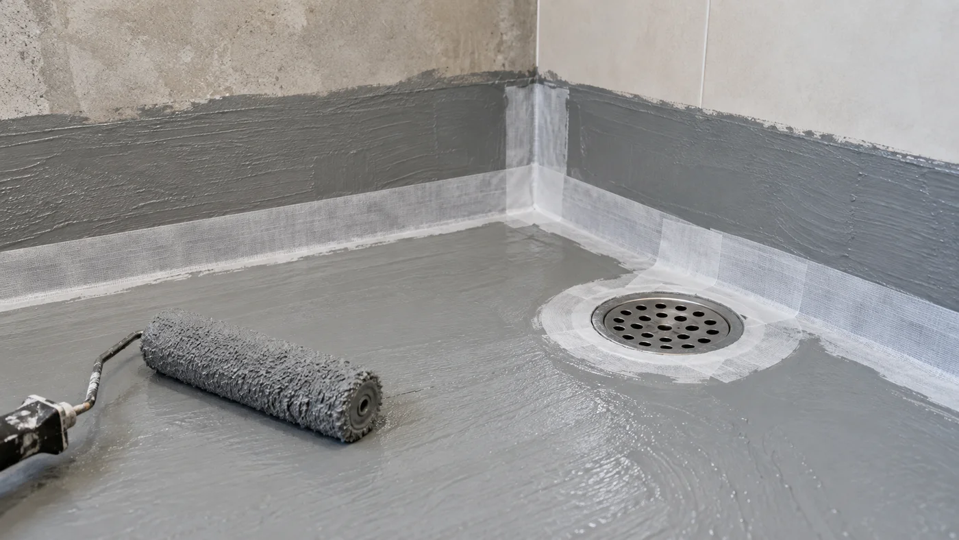 Detail rohu sprchového koutu s hydroizolační stěrkou a těsnicí páskou před lepením obkladu