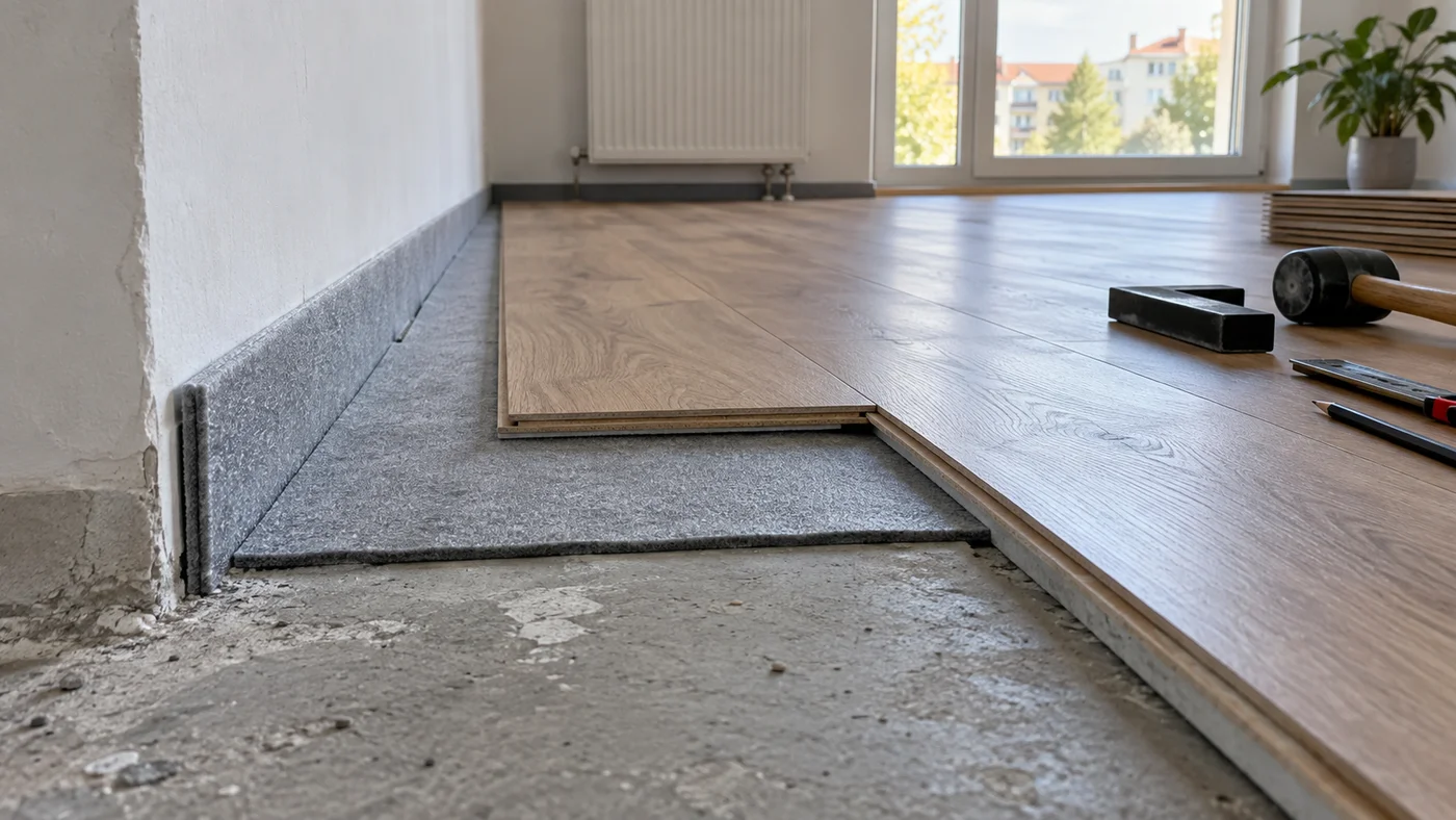 Řez skladbou plovoucí podlahy s izolační vrstvou a okrajovým pásem u stěny