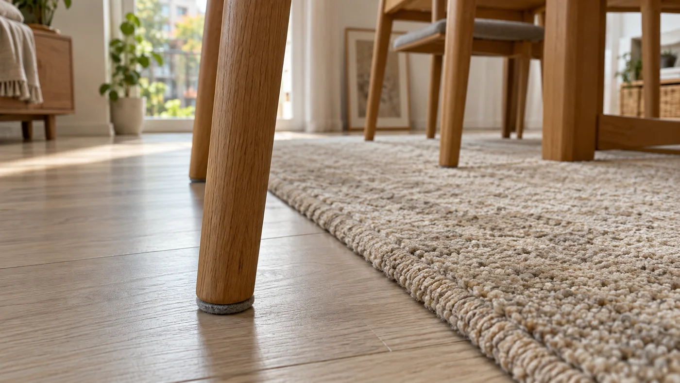 Plstěné podložky pod nohami dřevěné židle na laminátové podlaze