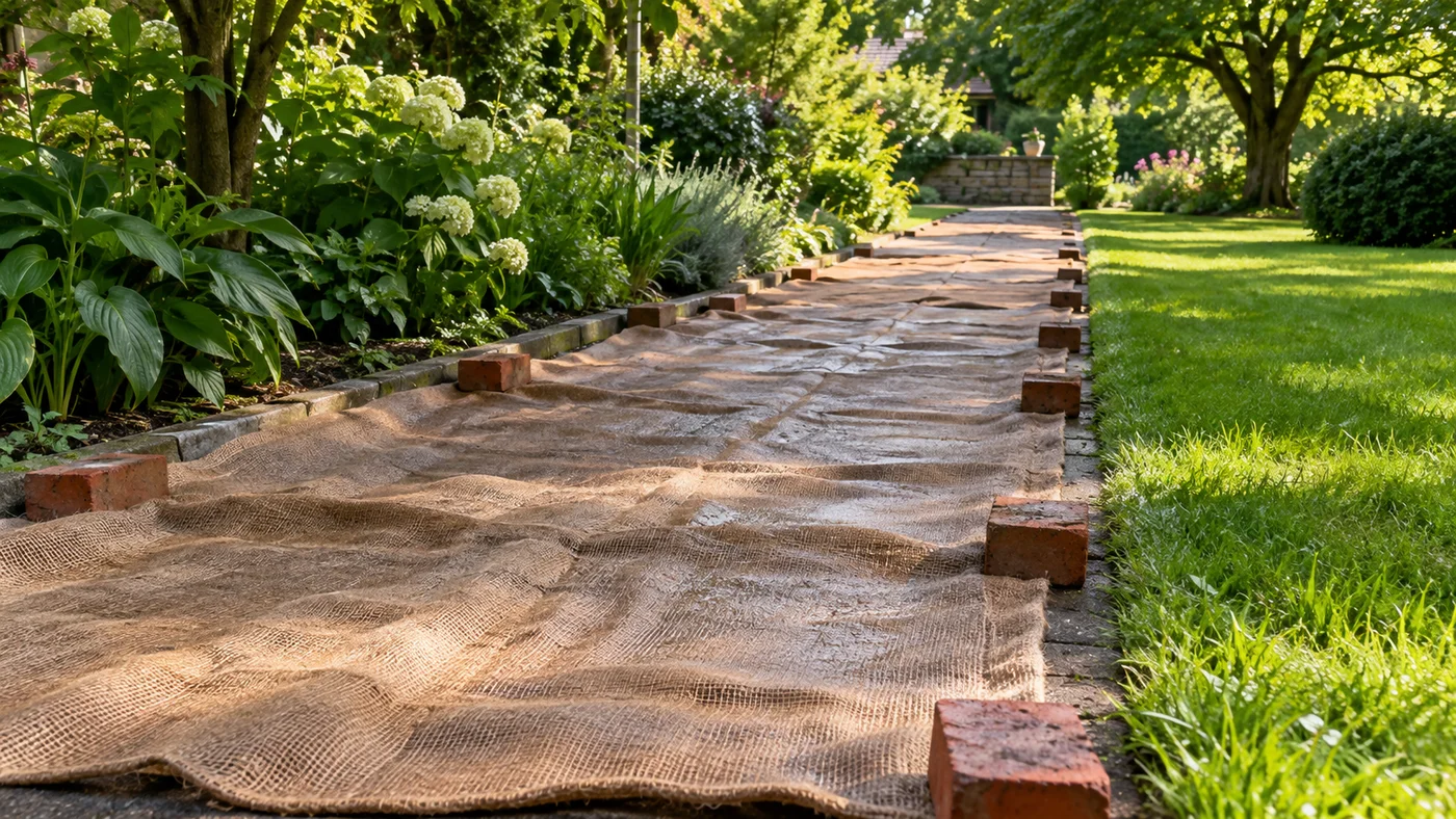 Betonový chodník přikrytý vlhkou pytlovinou a přitížený po okrajích