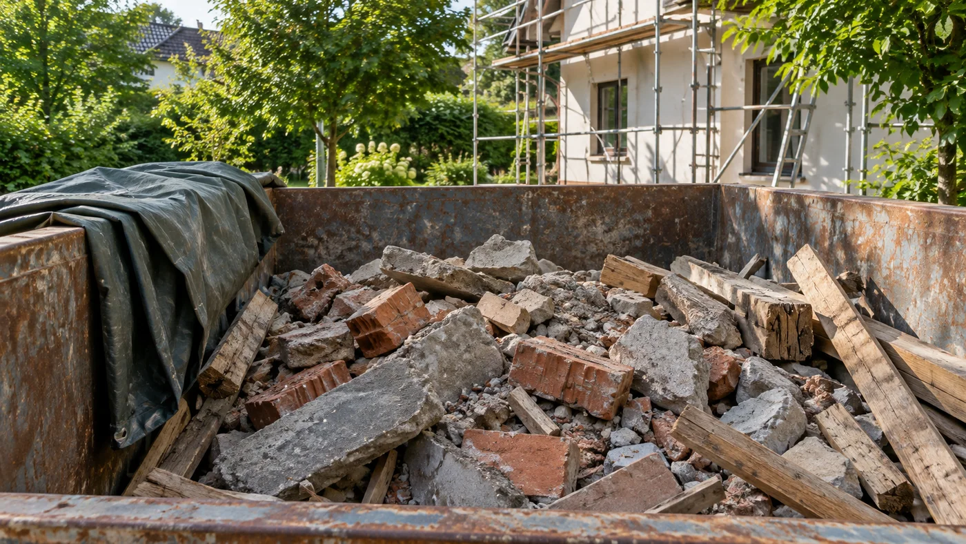 Otevřený kontejner na suť částečně naplněný betonem a cihlami s plachtou složenou vedle