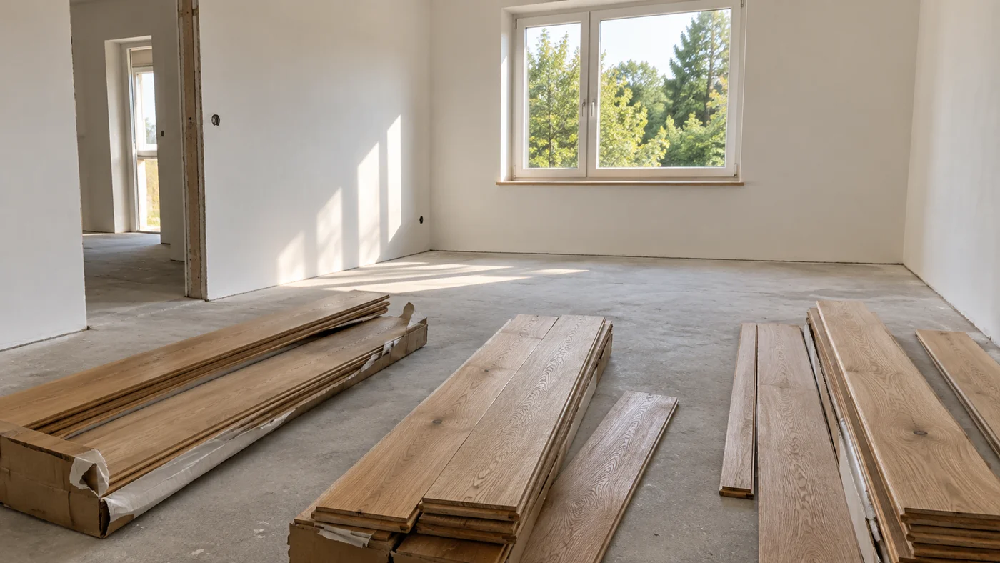 Rozbalené balíky dřevěných prken ležící na podlaze pokoje k vyrovnání vlhkosti před pokládkou