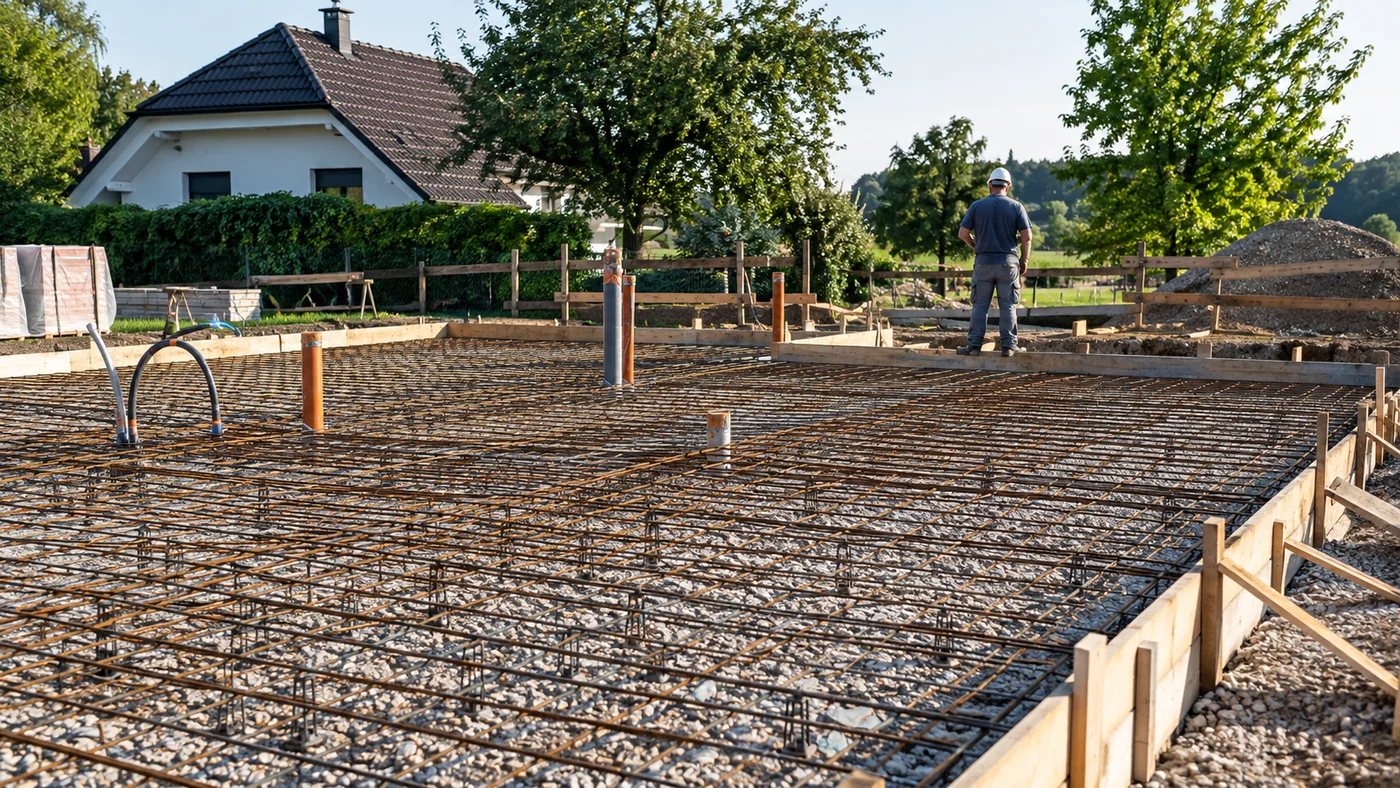 Armatura základové desky připravená k betonáži, kterou si před zakrytím prohlíží osoba v helmě zezadu