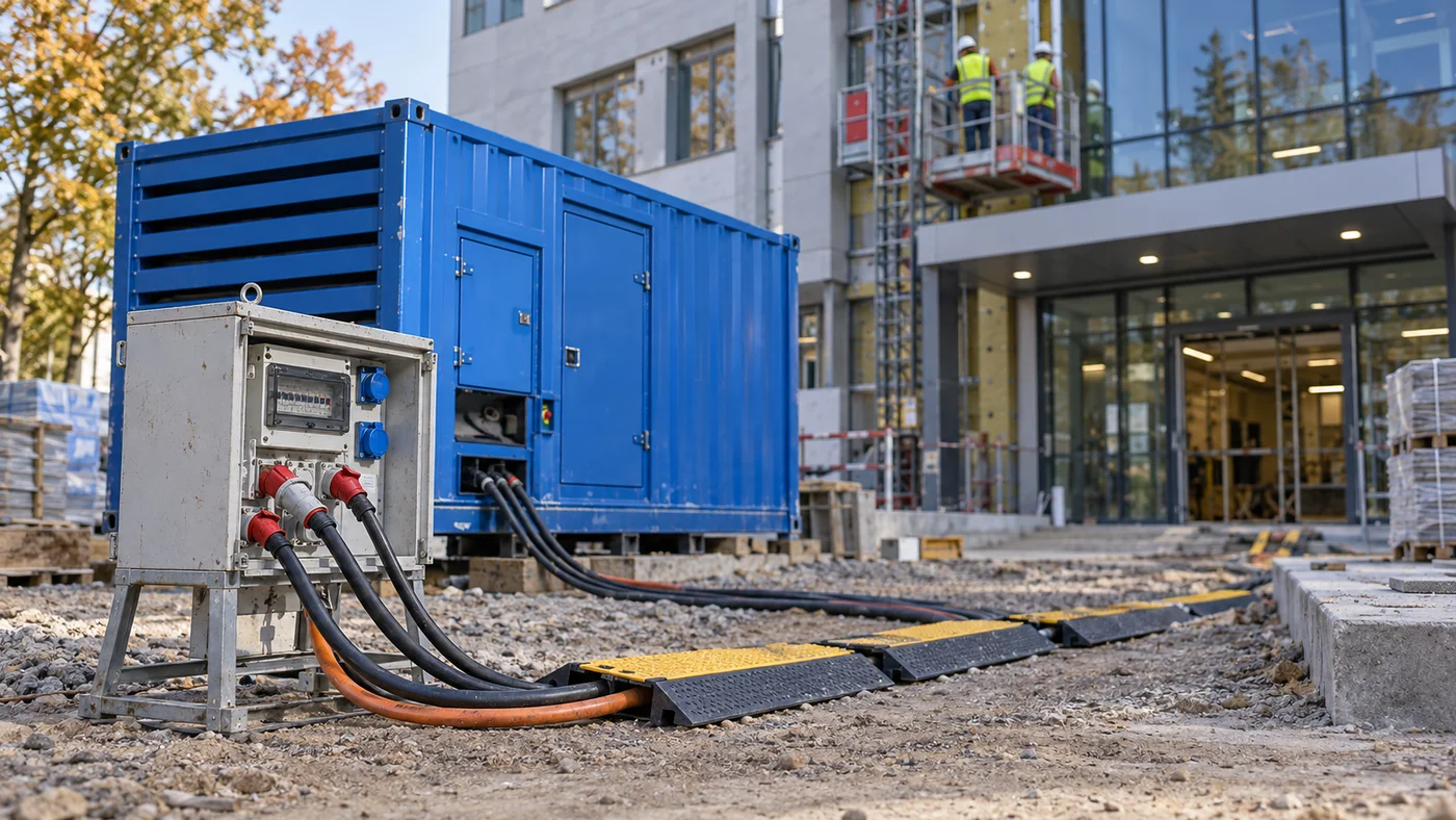 Kabeláž vedená od kontejnerové elektrocentrály k rozvaděči na fasádě pavilonu, dělníci na plošině stavebního výtahu.