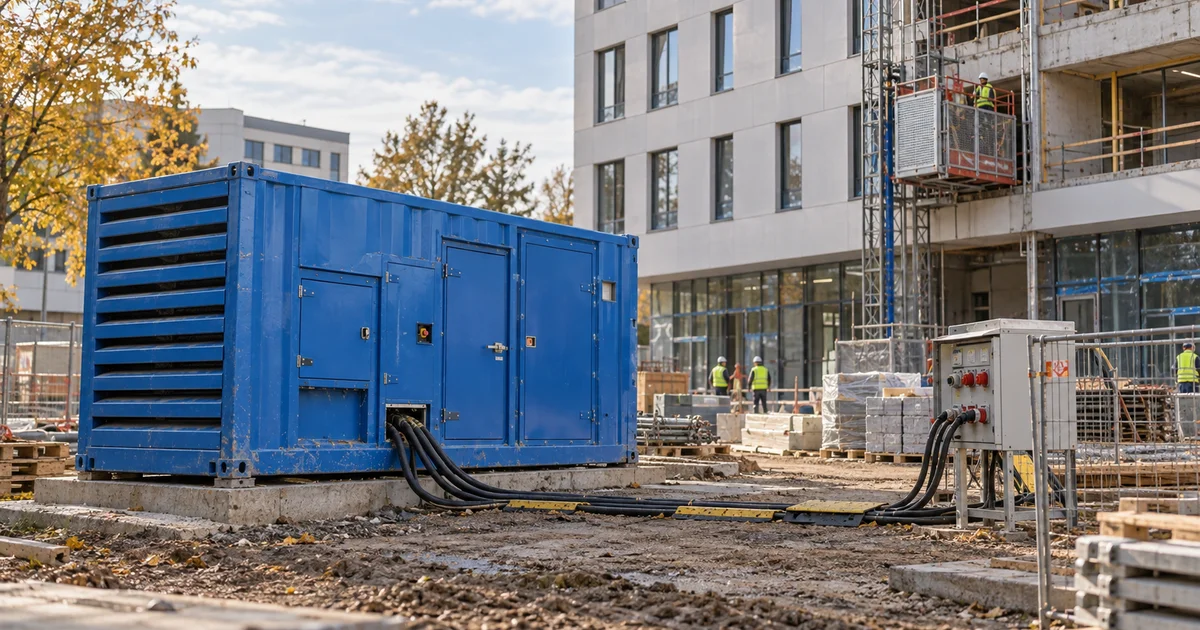 Modrý kontejner s elektrocentrálou u nového pavilonu nemocnice, v pozadí stavební výtah, zářijové odpoledne.