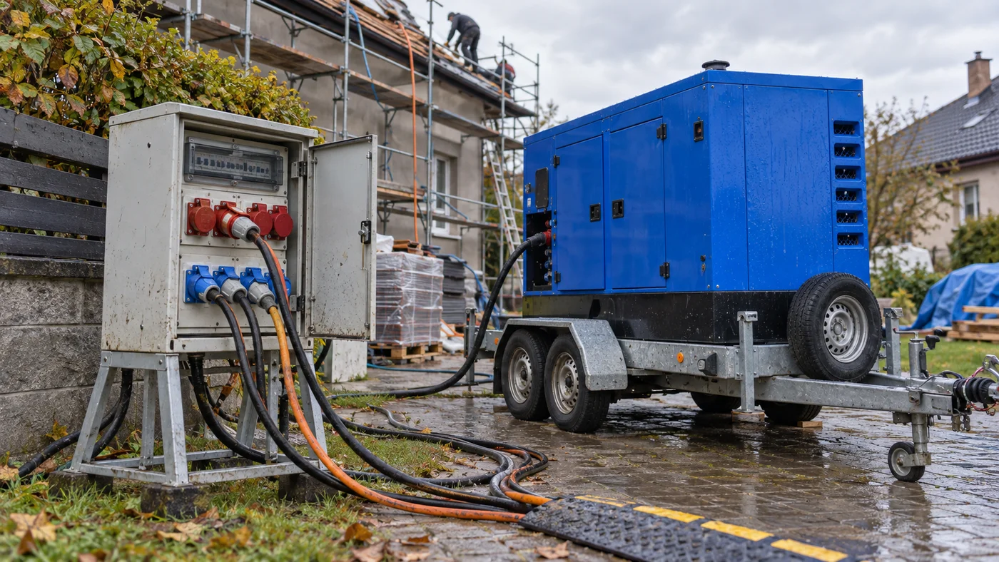 Detail kabeláže a rozváděcí skříně u elektrocentrály, hadice od kompresoru stoupá po lešení k pokrývačům na střeše.