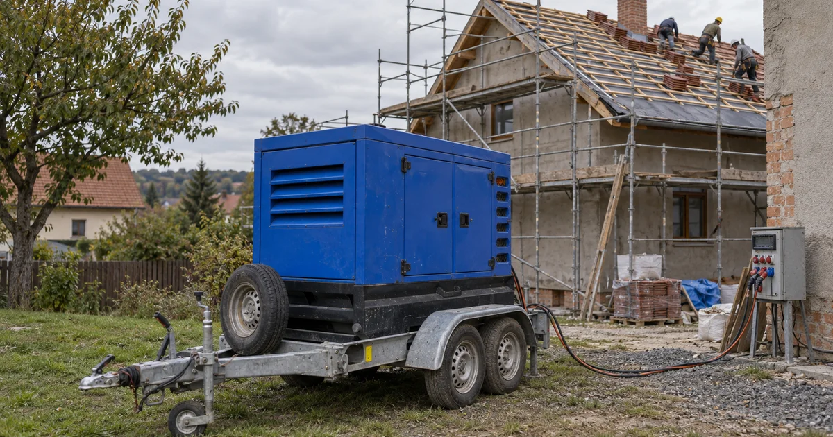 Modrá elektrocentrála na přívěsu na dvoře rodinného domu s lešením a pokrývači na krovu, zatažené zářijové odpoledne.
