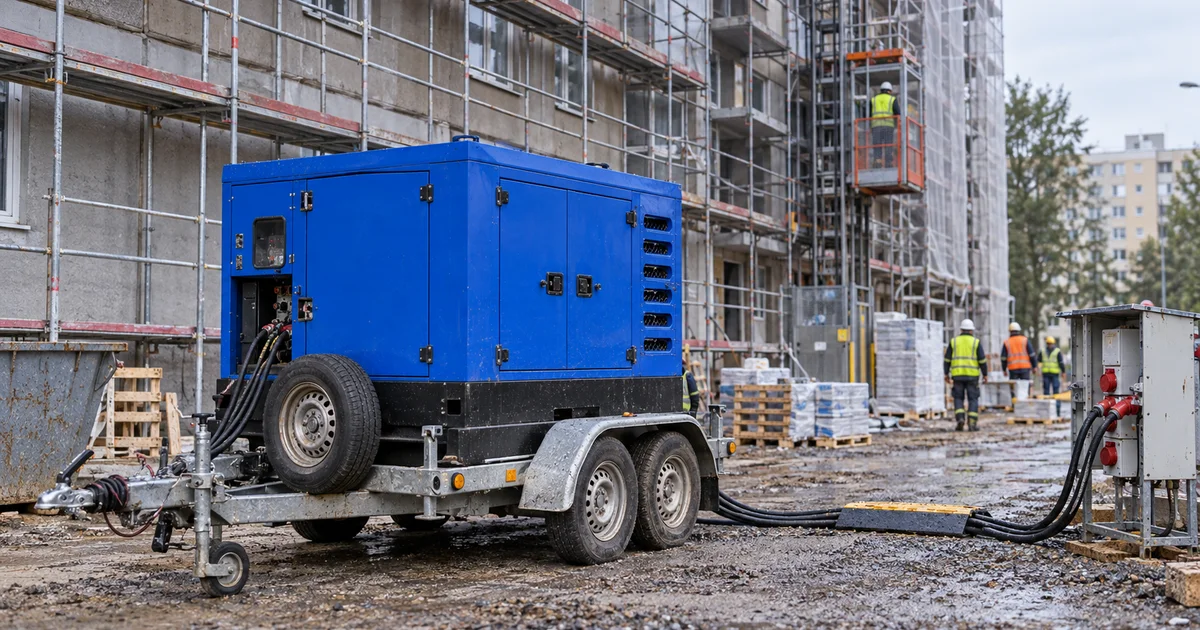 Modrá elektrocentrála na přívěsu u paty lešení na panelovém domě, fasádní výtah v provozu, chladné zářijové ráno.
